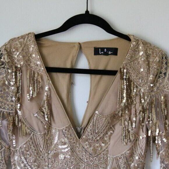 Gold Lulu's Dress XS Go Go Vintage NWOT V Neck Long Sleeve - Picture 4 of 11